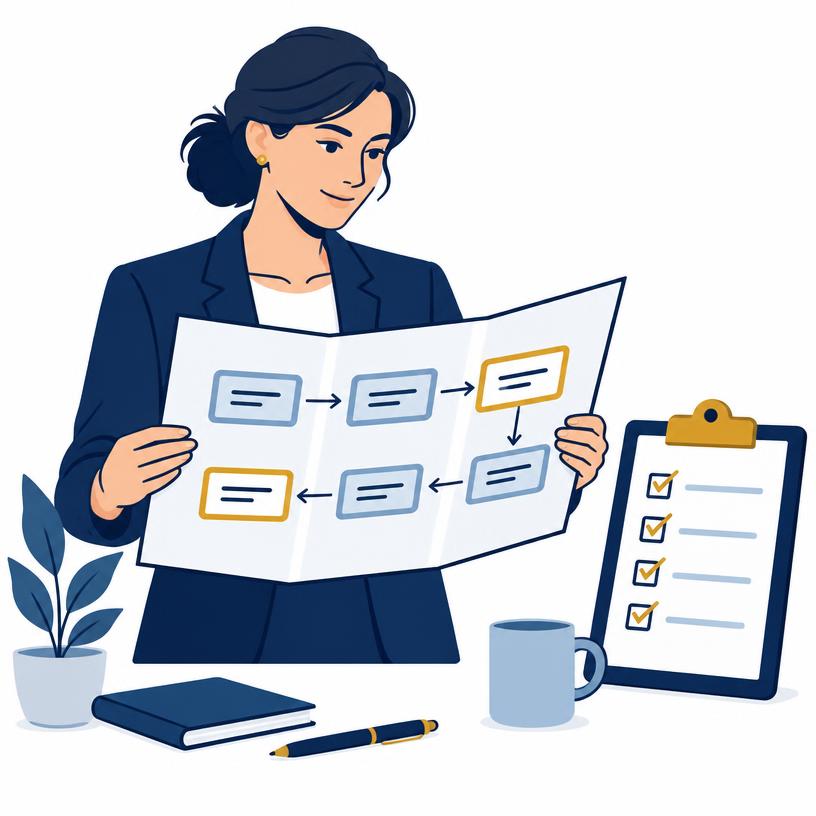 A business owner reading a workflow plan with two tasks highlighted for AI assistance