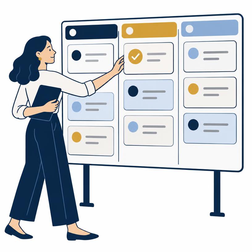 Illustrated project board with an approved card