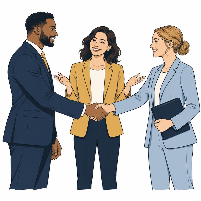 One person introducing two others who shake hands