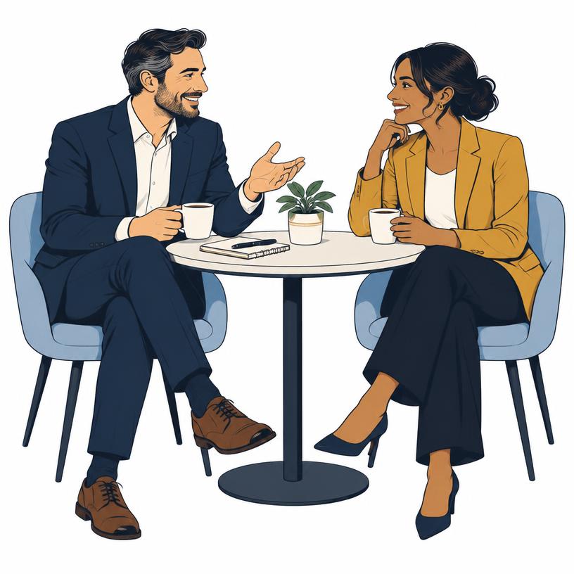 Two people talking over coffee